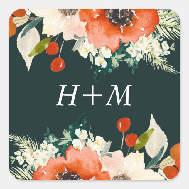 Elegante Traditionen Wasserfarben mit Monogramm Quadratischer Aufkleber (Vorderseite)