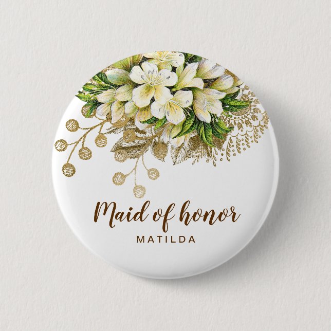 Elegante Trauzeugin mit weißem Goldblumen Button (Vorderseite)