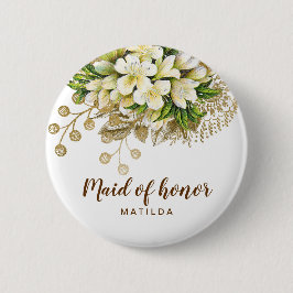 Elegante Trauzeugin mit weißem Goldblumen Button