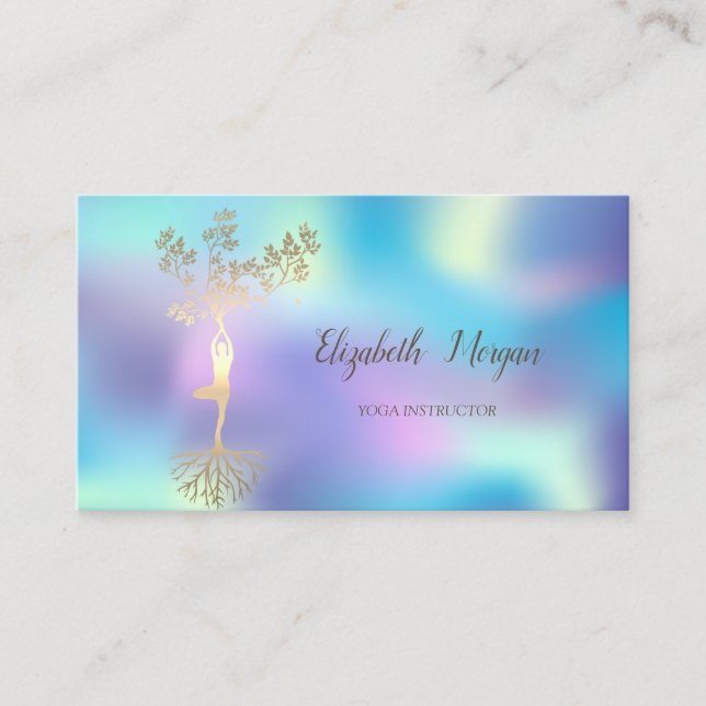 Elegante Tree Silhouette, Blue Holographic Yoga Visitenkarte (Vorderseite)