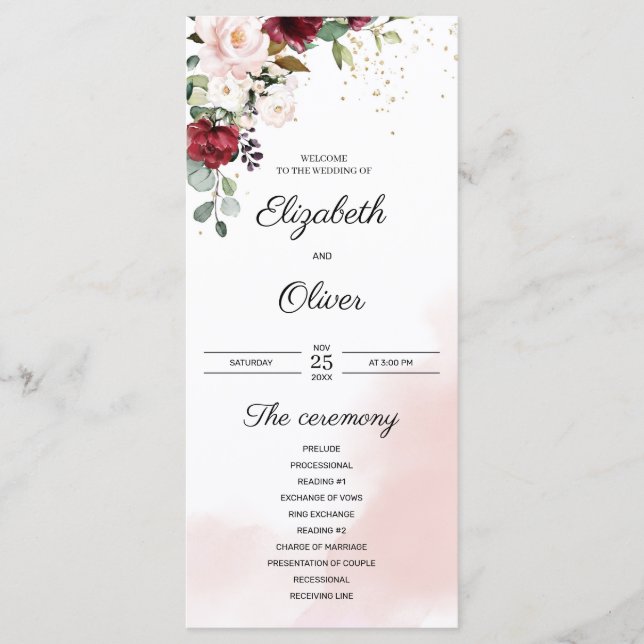 Elegante trendige bordeauxrote Hochzeit in Rosa Ro Programm (Vorderseite)