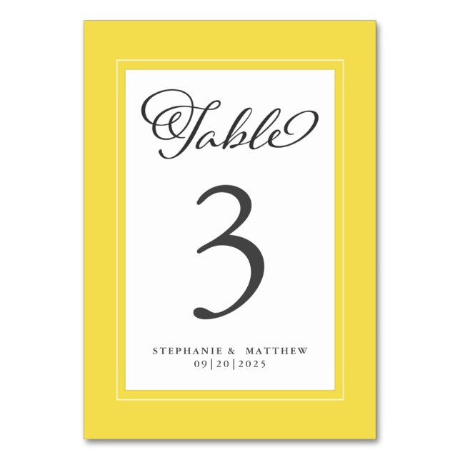 Elegante, trendige Rezeption in Gelb und Weiß Tischnummer (Vorderseite)