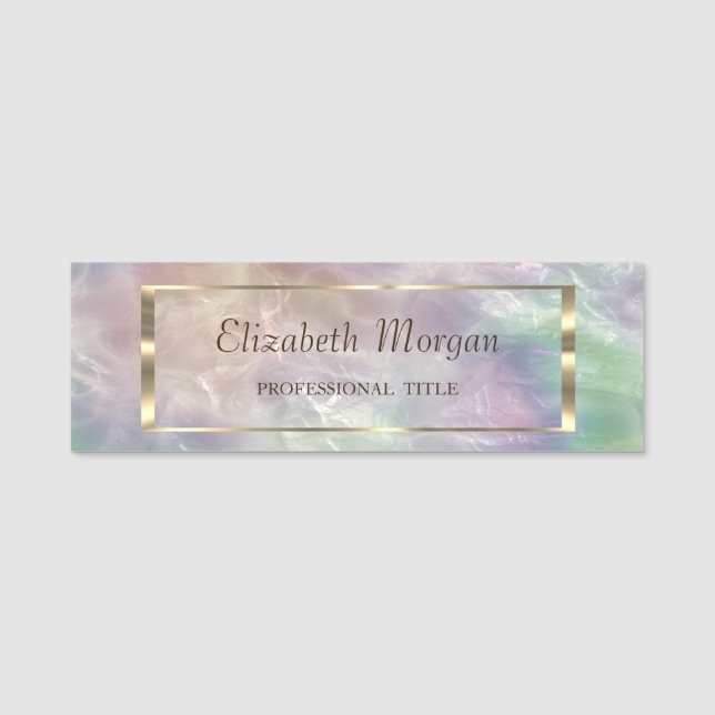 Elegante Trendy, Gold Frame Holographic Pearl Namensschild (Vorderseite)