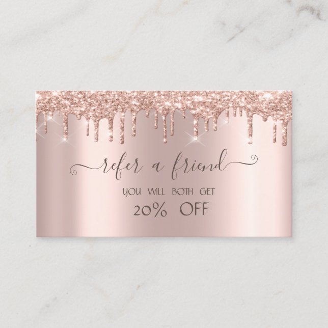 Elegante Trendy Rose Gold Glitzer Tropfen Empfehlungskarte (Vorderseite)