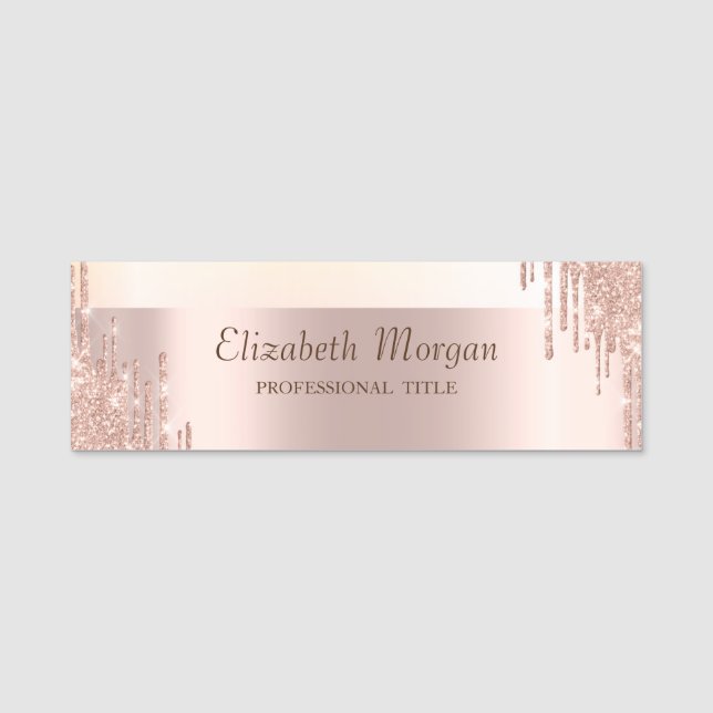 Elegante Trendy Rose Gold Glitzer Tropfen Namensschild (Vorderseite)