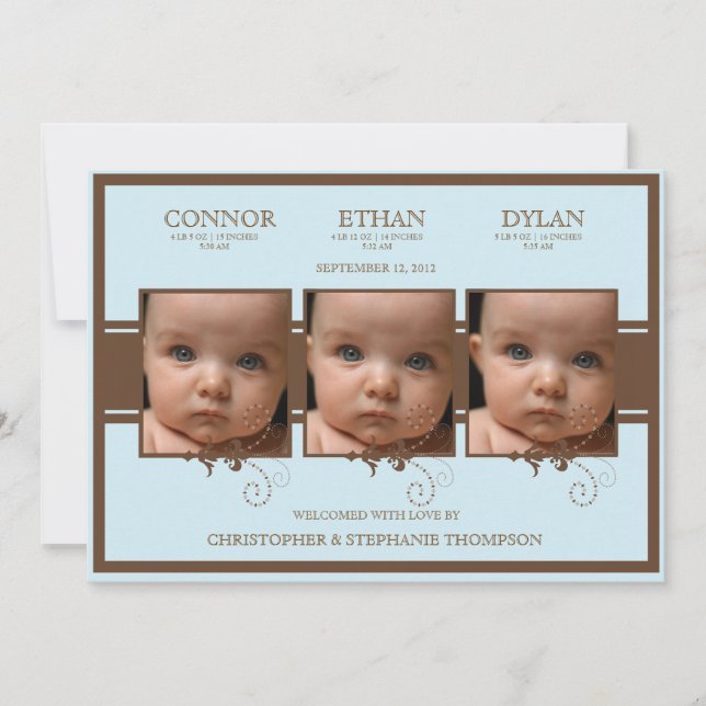 Elegante Triplet Foto Baby Boy Geburtserklärung Ankündigung (Vorderseite)