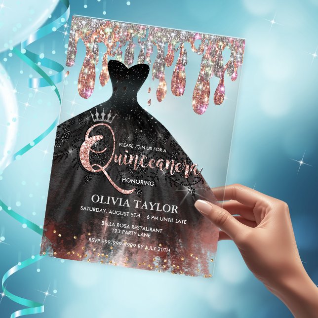Elegante Tropfen aus schwarzem Kleid Quinceanera Acryleinladungen (Von Creator hochgeladen)