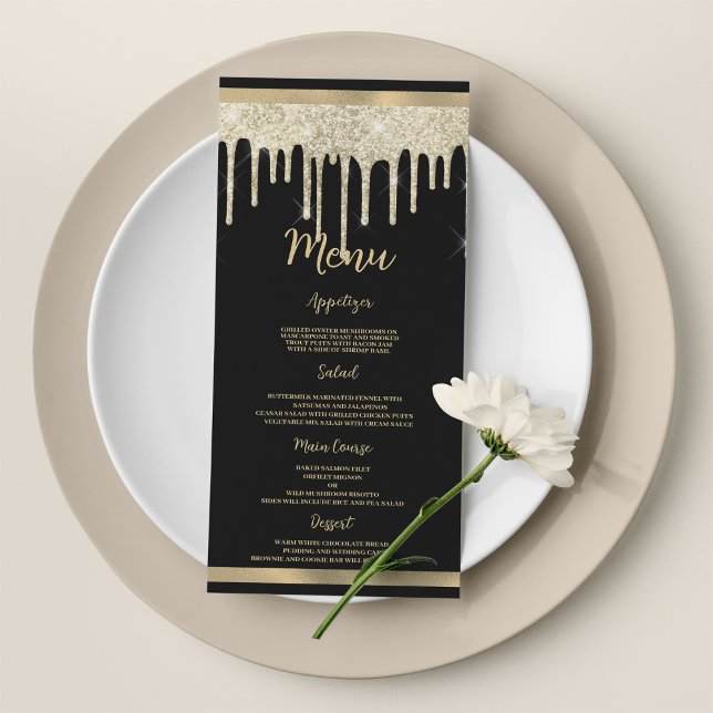 Elegante Tropfen von Black Gold Glitzer Hochzeitsm Programm (Elegant black gold glitter drips Wedding Menu)