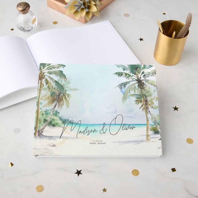 Elegante Tropical Beach Palm Trees Wedding Gästebuch (Vorderseite Offen)