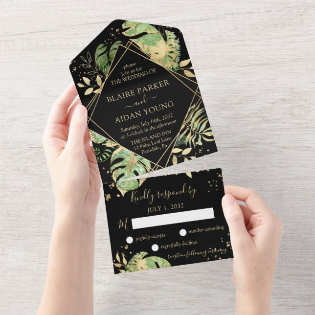 Elegante Tropical Black & Gold Hochzeit All In One Einladung (Abreißen)