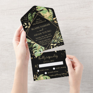 Elegante Tropical Black & Gold Hochzeit All In One Einladung