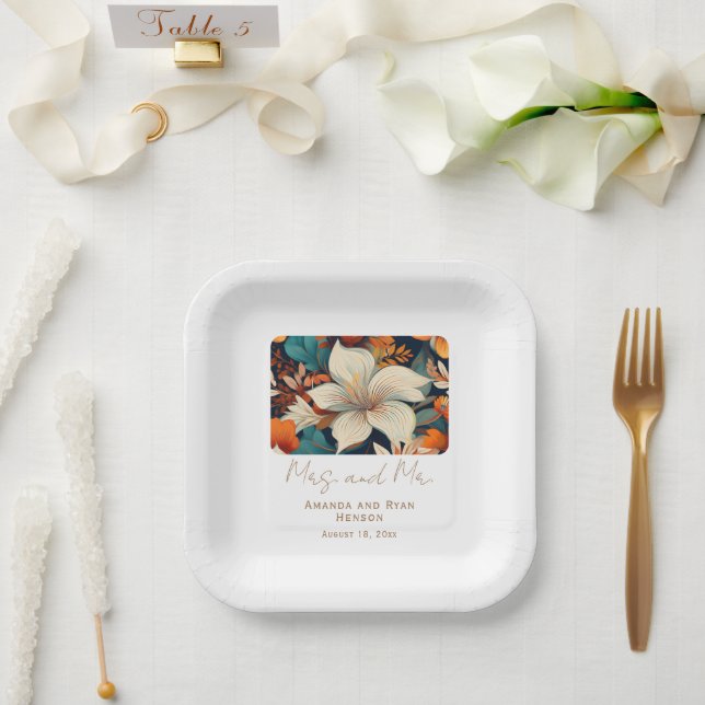 Elegante Tropical Blume Mrs. Floral Wedding Pappteller (Hochzeit)