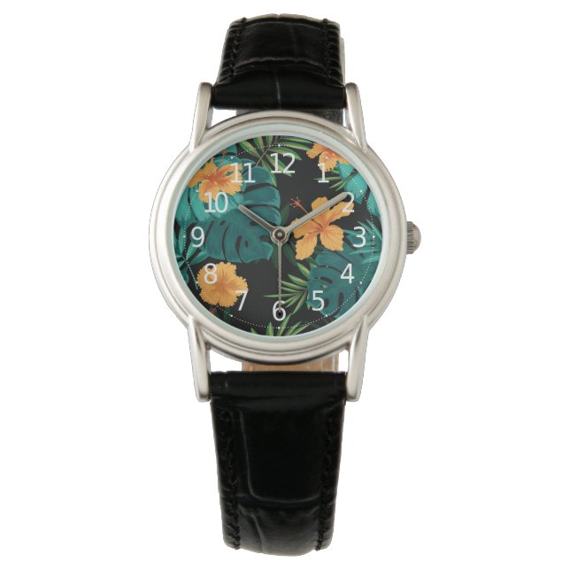 Elegante Tropical Botanical Floral & Blätter Kunst Armbanduhr (Vorderseite)