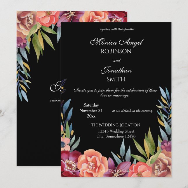 Elegante Tropical Burgundy & Blush Black Wedding V Einladung (Vorne/Hinten)