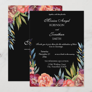Elegante Tropical Burgundy & Blush Black Wedding V Einladung