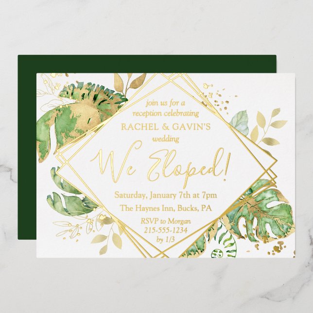 Elegante Tropical Elopement Hochzeitsempfehlung Go Folieneinladung (Vorderseite/Rückseite)