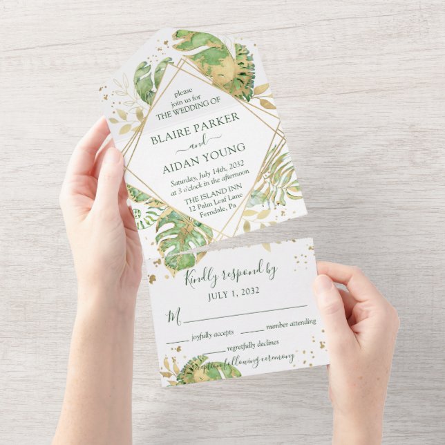 Elegante Tropical Emerald Green & Gold Wedding All In One Einladung (Abreißen)