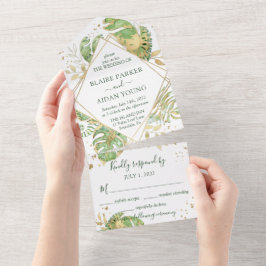 Elegante Tropical Emerald Green & Gold Wedding All In One Einladung