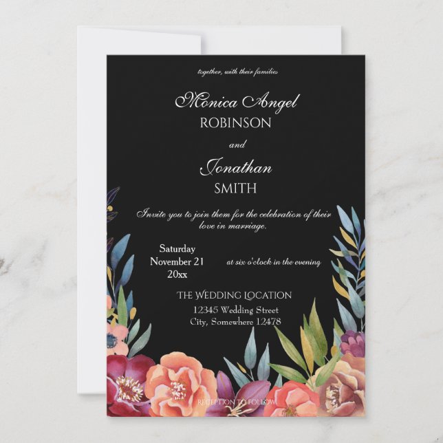 Elegante Tropical Floral Black Wedding Einladung (Vorderseite)