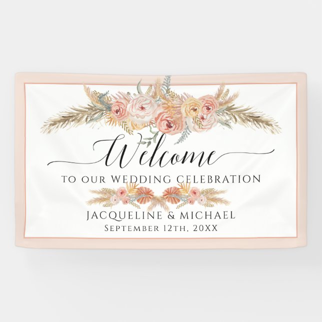 Elegante Tropical Floral Blush Peach Pampas Hochze Banner (Horizontal)