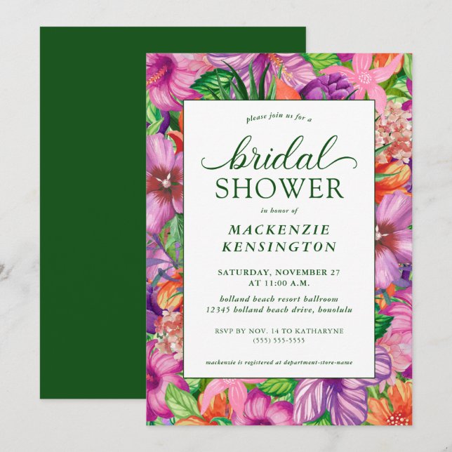 Elegante Tropical Floral Bridal Dusche Einladung (Vorne/Hinten)