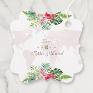 Elegante Tropical Floral Gold Weltkarte Hochzeit Geschenkanhänger