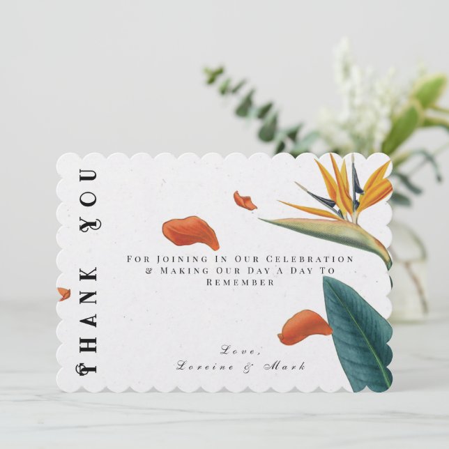 Elegante Tropical Floral Wedding Dankeskarte (Stehend Vorderseite)