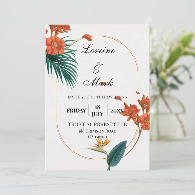 Elegante Tropical Floral Wedding Einladung (Stehend Vorderseite)