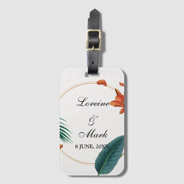 Elegante Tropical Floral Wedding Gepäckanhänger (Vorderseite Vertikal)