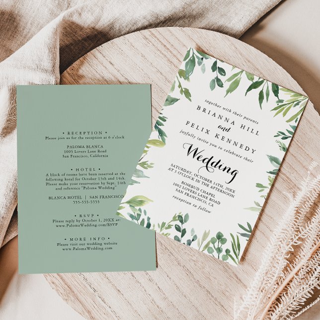 Elegante Tropical Foliage Front & Back Wedding Einladung (Von Creator hochgeladen)