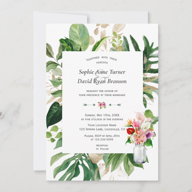 Elegante Tropical Garden Blume Goldene Hochzeit Einladung (Vorderseite)