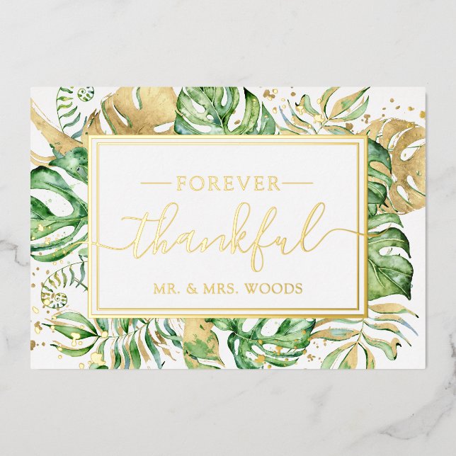 Elegante Tropical Gold Foil Wedding Dankeschön Car Folieneinladung (Vorderseite)