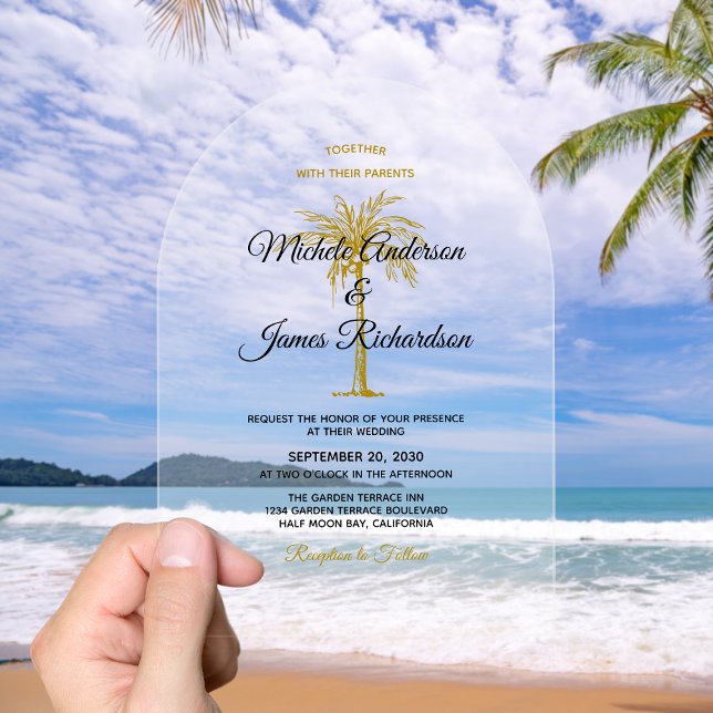 Elegante Tropical Gold Palm Tree Wedding Acryleinladungen (Elegant Tropical Gold Palm Tree Wedding Acrylic Invitations)