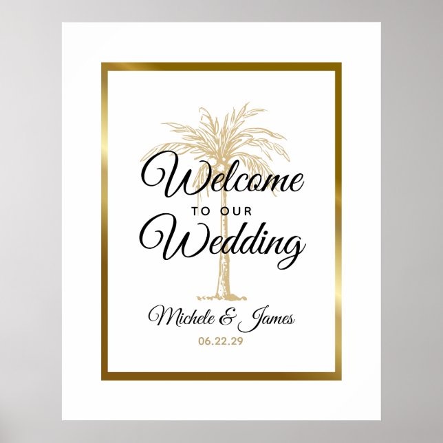 Elegante Tropical Gold Palm Tree Wedding Willkomme Poster (Vorne)