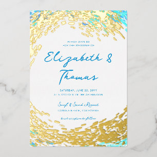 Elegante Tropical Gold Surfer Wave Beach Hochzeit Folieneinladung