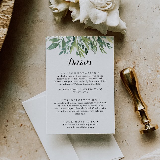 Elegante Tropical Green Foliage Hochzeitdetails Begleitkarte (Von Creator hochgeladen)