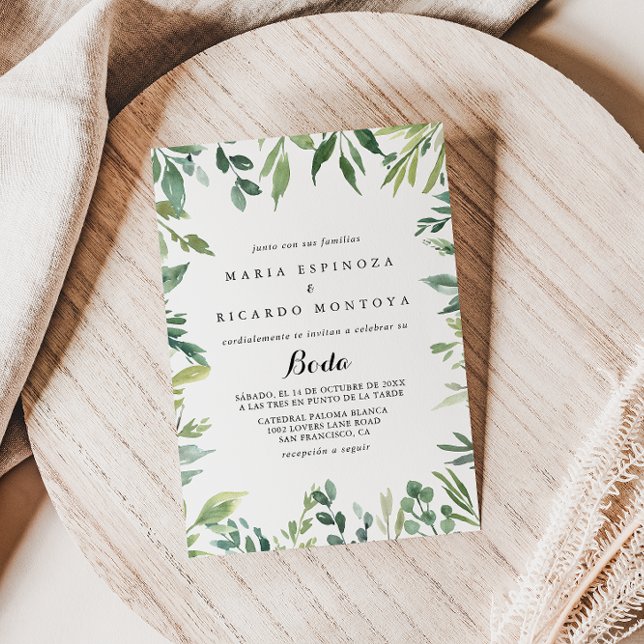 Elegante Tropical Green Foliage Spanische Hochzeit Einladung (Von Creator hochgeladen)