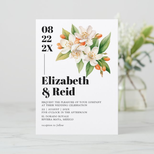Elegante Tropical Mediterranean Citrus Wedding Einladung (Stehend Vorderseite)