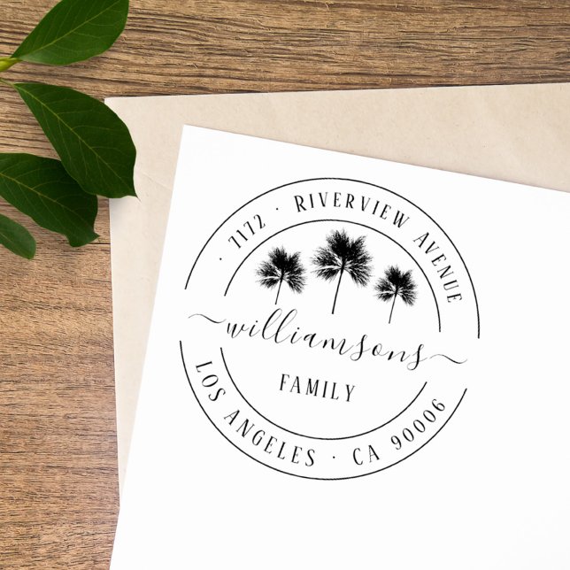 Elegante Tropical Palm Trees Family Rücksendeadres Gummistempel (elegant vintage tropical palm trees family name return address)