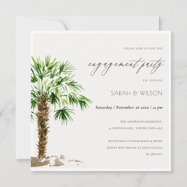 Elegante Tropical Palm Watercolor Verlobung Dankeskarte (Vorderseite)
