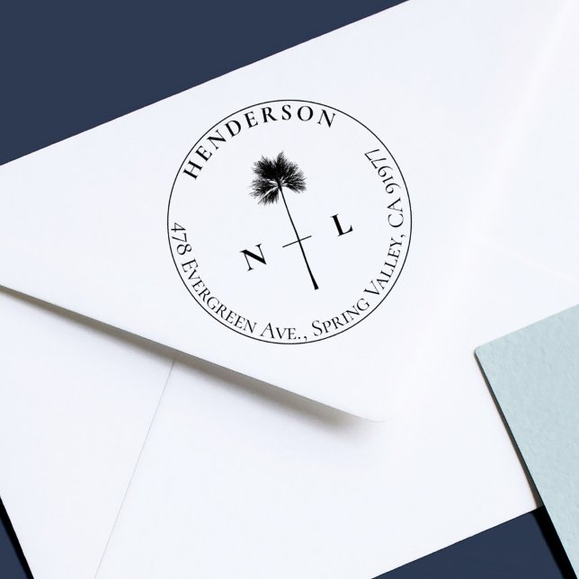 Elegante Tropical Palm Wedding Initials & Adresse Permastempel (Von Creator hochgeladen)