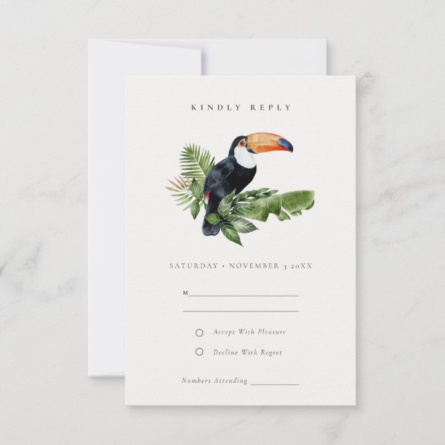 Elegante Tropical Rainforest Toucan Hochzeit RSVP Karte (Vorderseite)