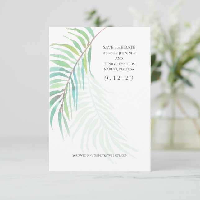 Elegante Tropical Save the Date Wedding Foto Card (Stehend Vorderseite)
