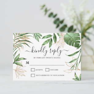 Elegante Tropical Summer Greenerity & Gold Wedding RSVP Karte