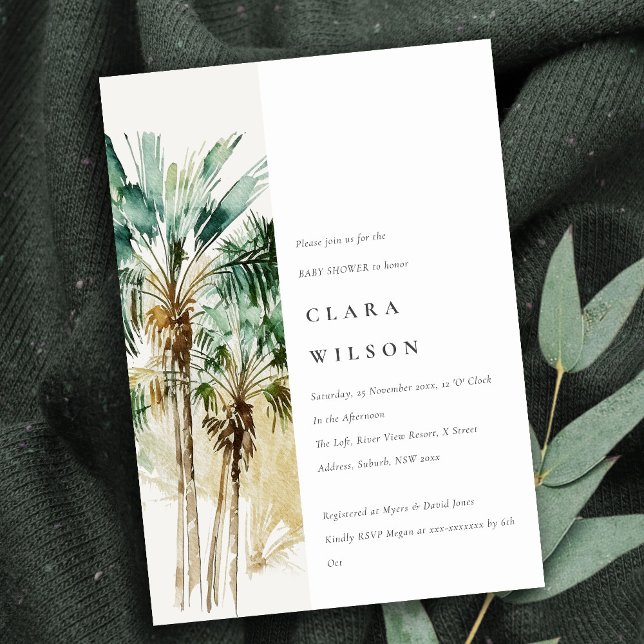 Elegante Tropical Watercolor Palm Trees Baby Dusch Einladung (Von Creator hochgeladen)
