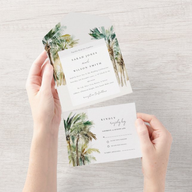 Elegante Tropical Watercolor Palmen Hochzeiten All In One Einladung (Abreißen)