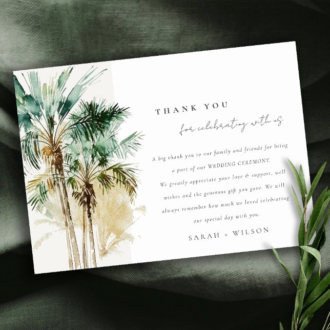 Elegante Tropical Watercolor Palmen Hochzeiten Dankeskarte (Von Creator hochgeladen)