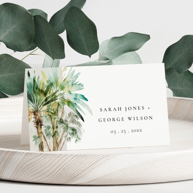 Elegante Tropical Watercolor Palmen Hochzeiten Platzkarte (Von Creator hochgeladen)
