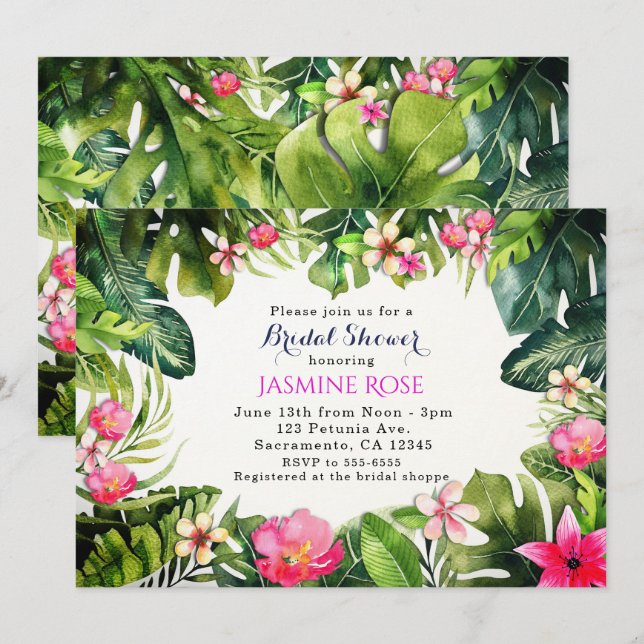 Elegante Tropics Green Blätter Floral Wasserfarbe Einladung (Vorne/Hinten)