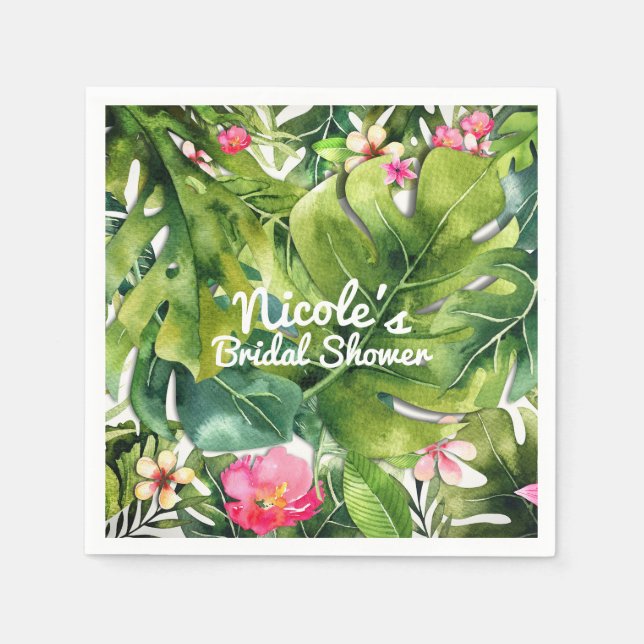 Elegante Tropics Green Blätter Floral Wasserfarbe Serviette (Vorderseite)